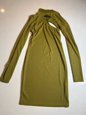 Pretty Little Thing Olive Ribbed Asymmetric One Shoulder‎ Cut Out Bodycon MiniDress Size4 thumbnail 1
