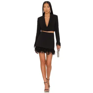 Amanda Uprichard Dessa Mini Skirt Womens XS Black Feather Trim Glam Party Modern thumbnail 3