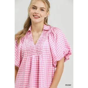 Umgee Smocked Yoke Puff Sleeve Gingham Blouse - Large thumbnail 5