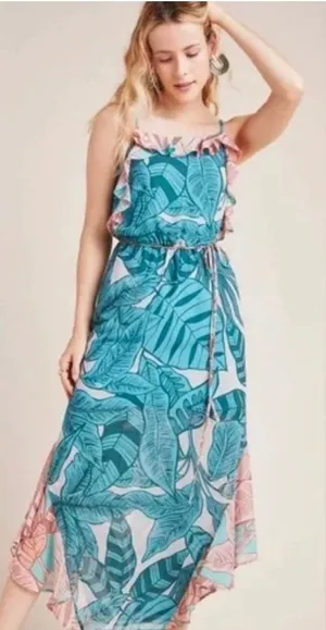 Farm Rio Anthropologie Ruffled Botanical Maxi Dress Tropical Teal‎ Pink Small thumbnail 1