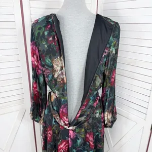 Maison Tara Dark Floral Pleated Sleeve Chiffon Fit Flare Dress Black Multi 10‎ thumbnail 7