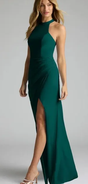 AZAZIE GALICIA Pine Mermaid Halter Pleated Stretch Chiffon Dress thumbnail 1