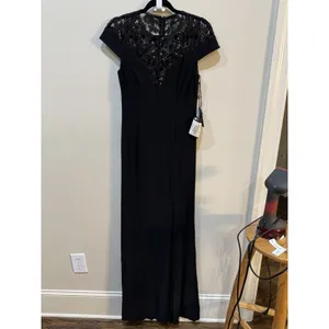 Adrianna Papell Embellished Illusion-Yoke Gown Sequin Jersey Dress Size 6 Black thumbnail 5