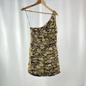 NWT Zara One Shoulder Metallic Floral Mini‎ Dress in Purple Gold Size Medium thumbnail 4