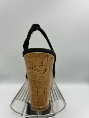 American Eagle Womens 6.5 Black Wedge Sandals Cork Heel Floral Toe Casual thumbnail 5