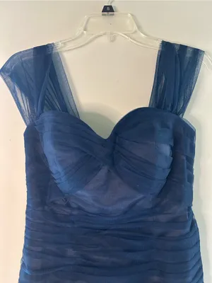 Navy Blue Sheer Overlay Ruched Cocktail Dress thumbnail 2