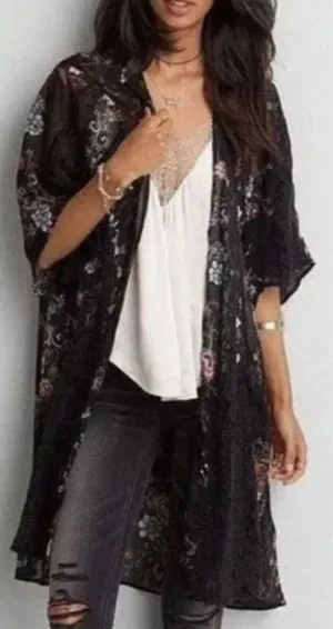 American Eagle Sheer Open Front‎ Kimono Black Floral Lace Sz M Fairy Whimsigoth thumbnail 1