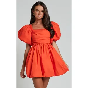 Showpo Tamara Puff Sleeve Mini Dress - NWOT Ruched Cotton Orange Dress US 8 thumbnail 3