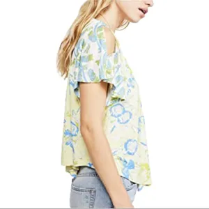 Free People Yellow Baja Babe Printed Cold‎ Shoulder Short Sleeve Top Size XS thumbnail 3