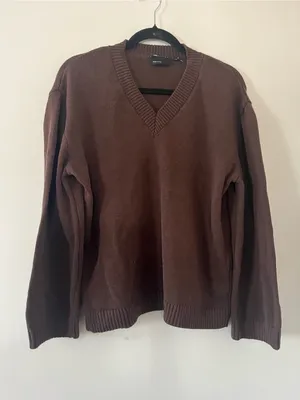 ASOS Chocolate Brown Oversized V Neck Knit Sweater Medium Fall Cozy Earthy thumbnail 1