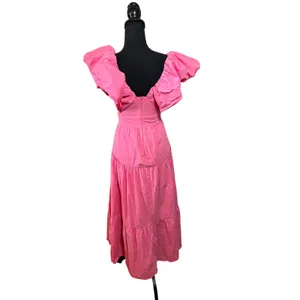 Mika & Gala Pink Cotton Ruffle Puff Sleeve Tiered Maxi Dress SZ 6 resort preppy thumbnail 4