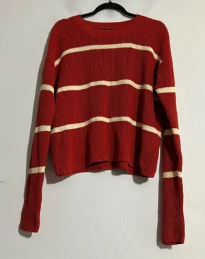 Banana Republic Factory Red White Striped Cotton Knit Crewneck Sweater Large thumbnail 1