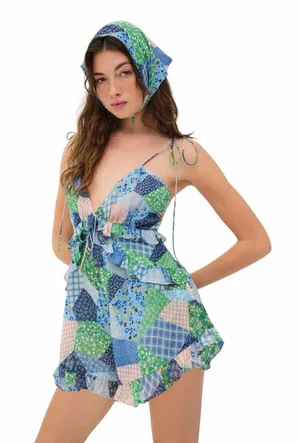 For Love & Lemons Blue Patchwork Juniper Romper Womans S thumbnail 1