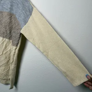 NEW Maurices Women Patchwork Cable Knit Cardigan Medium Cream Blue Tan Button Up thumbnail 3