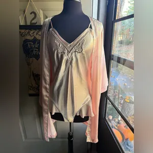 Vintage Val Mode pink chiffon trim satin bodysuit robe set, size medium thumbnail 3