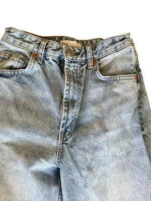 Zara 90’s High Waisted Cotton Jeans Sz 0 Raw Flare Hem Med/Light Wash BTS thumbnail 3