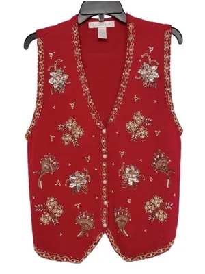VTG Claudia D Beaded Sweater Vest Red Floral Pearl Embellished Large thumbnail 2