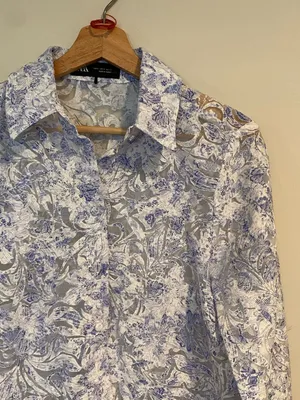 ZARA Blue White Floral Devoré Sheer Long Sleeve Button Up Shirt Size S thumbnail 13