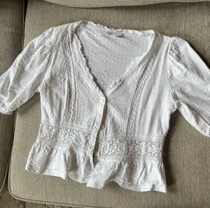 Topshop White Textured V-Neck Blouse with Crochet Trim thumbnail 1