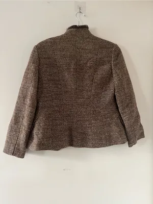 Brown Wool Tweed Blazer Fur Collar Medium Preppy Academia Equestrian Old Money thumbnail 8