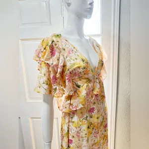 Vici Yellow Ruffle Sheer Maxi Chiffon Floral Maxi Dress Size Large J-51 thumbnail 4