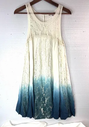 Blu-Pepper Vintage L Boho Sleeveless Cotton Lace Trim Midi Dress in Teal Blue thumbnail 1