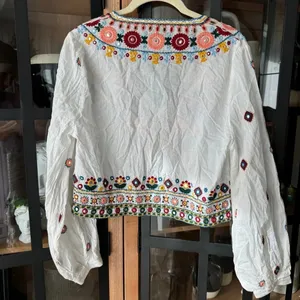 Zara Embroidered Set embellished beaded skirt top boho colorful long sleeve crop thumbnail 8