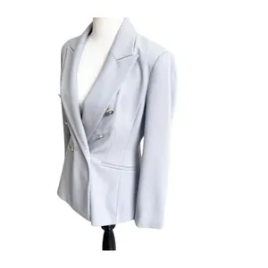 Zara Blazer Women Medium Blue Textured Double Breasted Military Button Formal thumbnail 3
