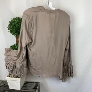 Zara Brown Taupe Long Bell Sleeve Drape Wrap Blouse Top NEW XL thumbnail 4