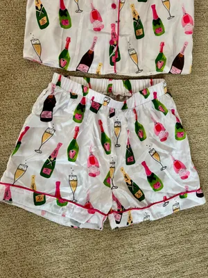 Champagne Bottle Print Silk Pajama Set White thumbnail 3