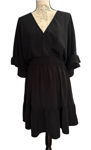 SHEIN Black V-Neck Smocked Waist Ruffle Hem Mini Dress thumbnail 1