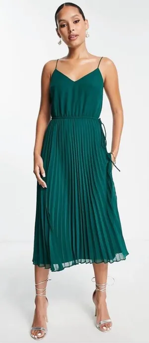 ASOS Women’s Green Pleated V-Neck Cami Midi Dress With Drawstring Waist Size 8 thumbnail 1