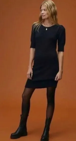 Anthropologie Daily Practice Black Knit Mini Dress‎ Puff Short Sleeve Tie Back S thumbnail 1