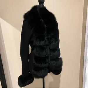 Real fox fur cardigan genuine fur collar trench coat parka jacket wool cape blazer thumbnail 12