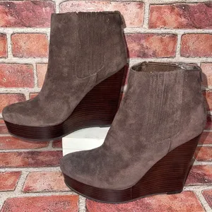 Pre-Owned Michael Kors Brown Leather Suede Platform Wedge Ankle Boots Size 7M thumbnail 1