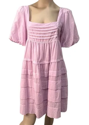 Easel Pink Babydoll Puff Sleeve Pleated Tiered Dress NWT Small Cottage‎ Fairy thumbnail 1