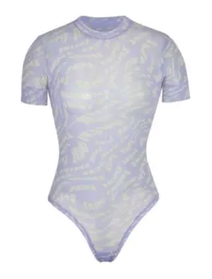 SKIMS Summer Mesh T-Shirt Bodysuit Lilac Swirl Logo Print Mock Neck NWT L thumbnail 1