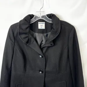 Old Navy Medium Coat Wool Black‎ Ruffle Collar Jacket Womens Pockets Pea C thumbnail 3
