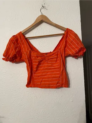 Free People Orange Striped Puff-Sleeve Square-Neck Crop Top thumbnail 2