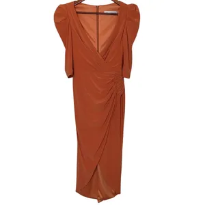 Mac Duggal Ruched Wrap Midi Dress Orange Puff Sleeve Wedding Guest Size 2 thumbnail 2