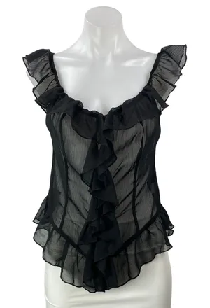 NEW Lioness Timeless Ruffle Black Sheer Mesh Scoop Neck Ruffle Blouse Top Sz L thumbnail 1