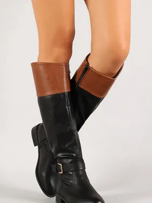 Bandolino Two-Tone Leather Riding Boots Black Brown Gold Buckle Size 6 thumbnail 4