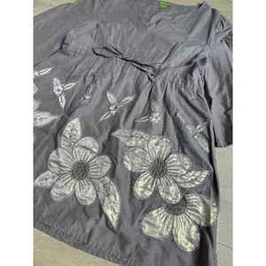 Vintage Femme tunic drawstring waist cotton embroidered flowers brown size L thumbnail 4