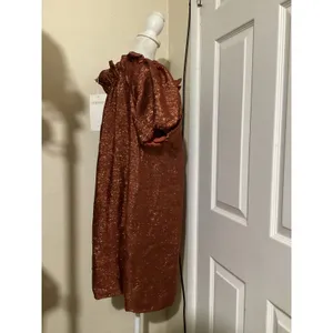 Sézane Editions Metallic Copper Off Shoulder Puff Sleeve Dress Rust Orange EU 38 thumbnail 4