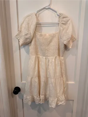 American Eagle Outfitters Cream Smocked Tiered Dress with Puff Sleeves thumbnail 3