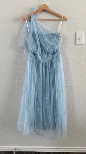 Altar'd State Arula x The Xquisite Ciel blue One Shoulder Pearl Tulle Midi Dress thumbnail 2