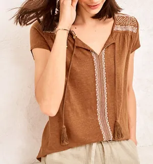 Garnet Hill Embroidered Organic-Linen Split-Neck Tee Size L Casual Boho Peasant thumbnail 1