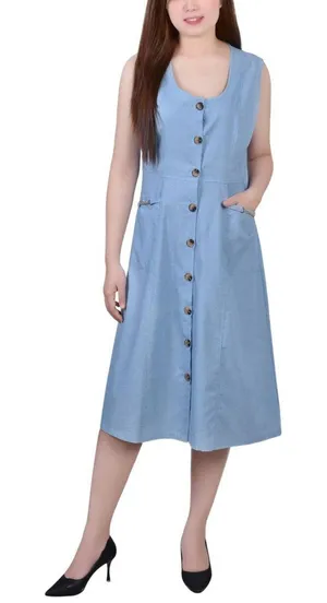 NWT Ny Collection Chambray Dress with Chain Details Light Denim Blue M thumbnail 1