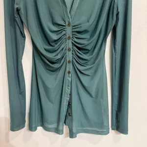 Free People Teal Sheer Mesh Ruched Button Front Long Sleeve Top Sz M thumbnail 4