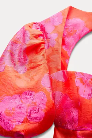 Zara dress mini puff wide sleeve cut out hot Pink Floral wedding summer vacation thumbnail 9